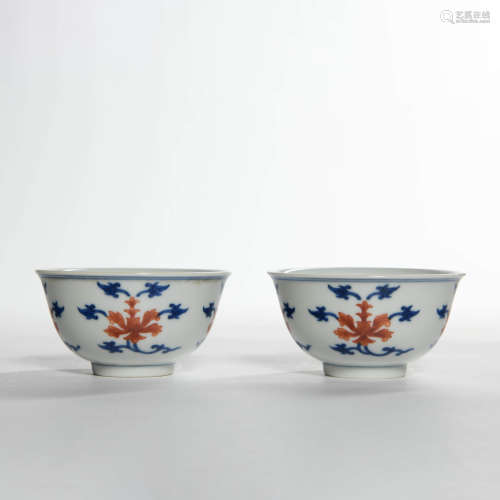 A Pair Of Blue and White Iron Red Porcelain Cups