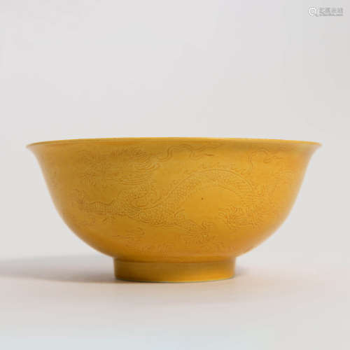 A Yellow Glazed Incised Dragon Porcelain Bowl, Kangxi mark