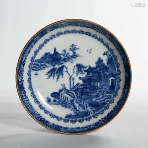 An Export Blue and White Landscape  Porcelain Dish， Qianlong Period Qing Dynasty