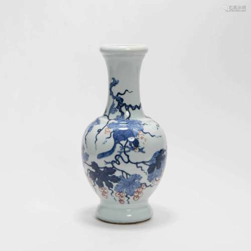 A Blue and White Underglaze Copper Red Squirrel and Grape Porcelain Vase