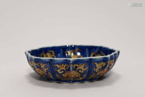 A Lobed Blue Ground Yellow Enamelled  Dragon Porcelain Basin