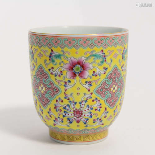 A Yellow Ground Famille Rose Flower Porcelain Cup, Qianlong mark