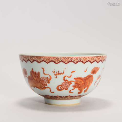 An Iron Red Gilt Lion Porcelain Bowl, Qianlong mark