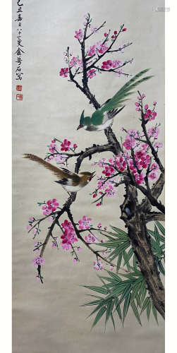 A Chinese Bird-and-flower Hanging Scroll Painting, Jin Mengshi Mark