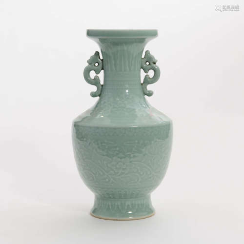 A Moulded Celadon Glazed Vase, Qianlong mark
