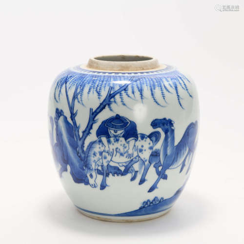 A Blue and White Horse Porcelain Jar