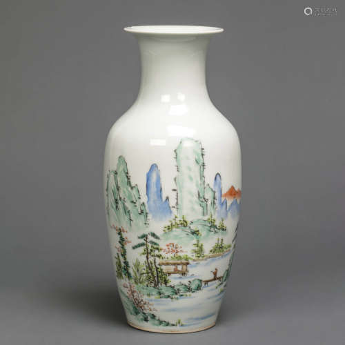 A Famille Rose Landscape Porcelain Vase