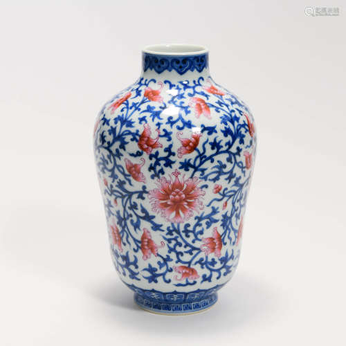 A Blue and White Famille Rose Lotus Vase, Qianlong mark