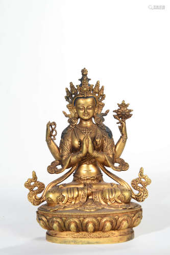 A Gilding Copper Four-armed Guanyin Statue