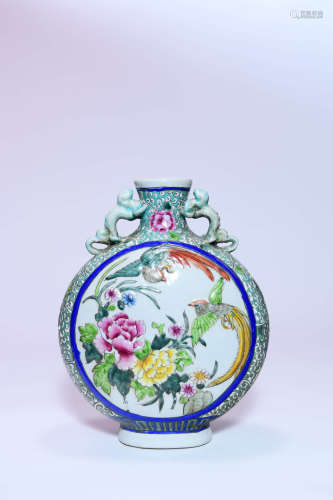 A Famille Rose Porcelain Moonflask with Dragon Shaped Ears