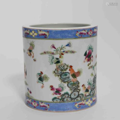 A Famille Rose Rooster Porcelain Brush Pot, 19-20th century