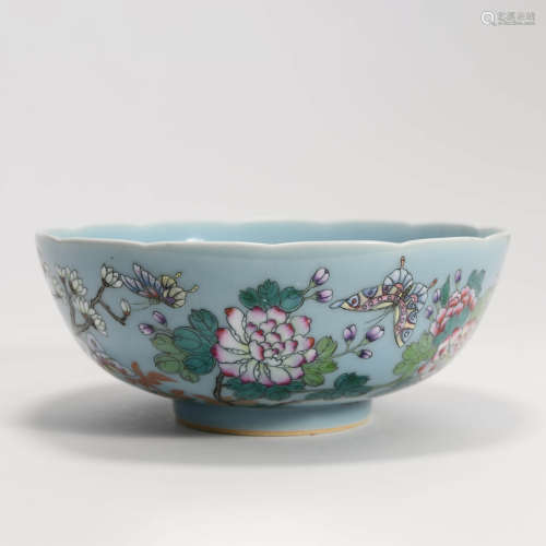 A Blue Ground Famille Rose Flower and Butterfly Porcelain Bowl
