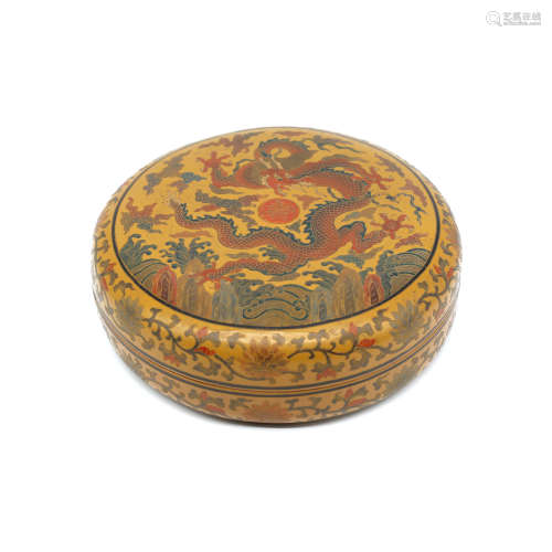 A Lacuquer Dragon Pattern Circular Box and Cover