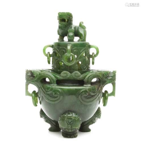 A Spinash Green Jade Censer 19-20th century