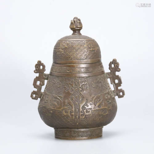 清晚期 铜锦地螭龙纹双耳盖瓶