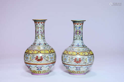 A Pair of Famille Rose Porcelain Vases, Qianlong mark