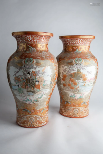 Pair of Early 20th C /Meiji period Handpainted Vases