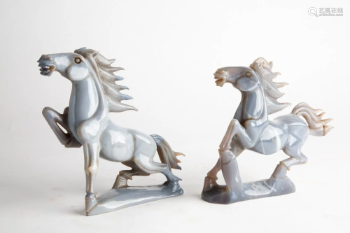 Pair of Agate Stone Hand Carved Horse Figurines