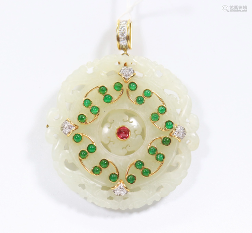 Chinese White Jade Spin Bi Emeralds Ruby Diamonds
