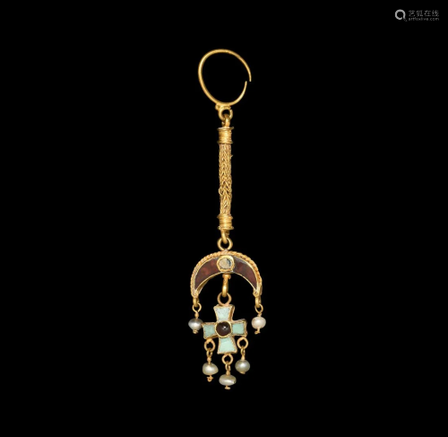 Byzantine Elaborate Jewelled Gold Earring with Cross