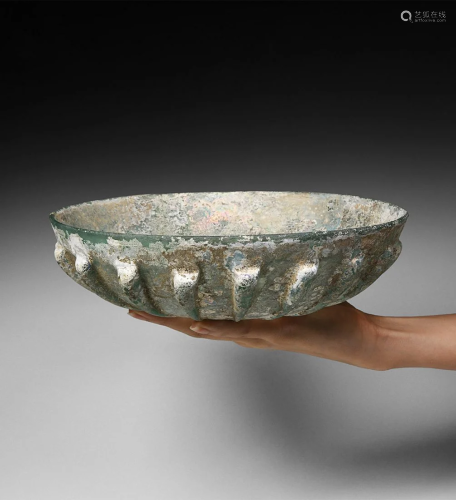 Large Roman Ribbed Green Glass Bowl