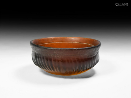 Greek Hellenistic Ribbed Amber Glass Bowl