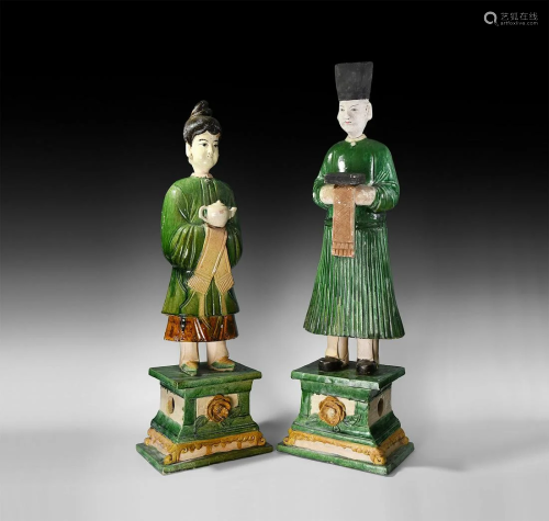 Large Chinese Ming Attendant Figure Pair