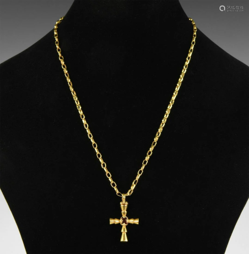 Byzantine Gold Chain and Cross Pendant with Garnet