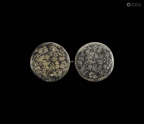 Scandinavian Viking Silver and Niello Disc Brooch Pair