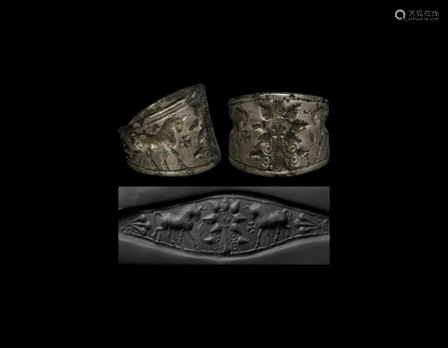 Ring with Two Heraldic Bulls Next to the Tree of Life