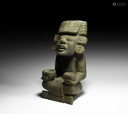 Aztec Jadeite Seated Figure with Offering Bowls