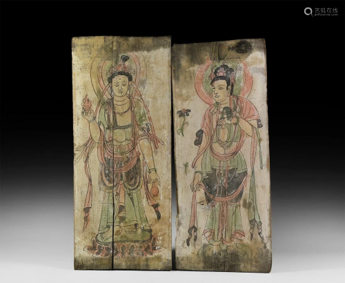 Chinese Painted Panels with Bodhisattva