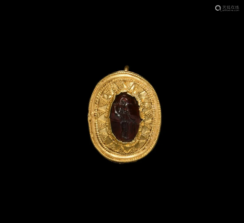 Greek Hellenistic Gold Brooch with Tyche Garnet