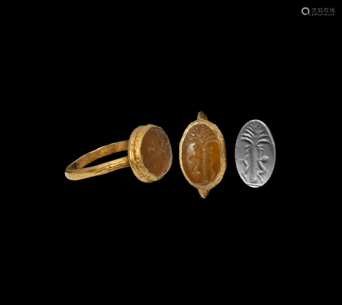 Roman Gold Ring with Palm Scene Gemstone