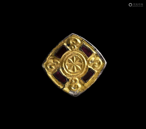 Merovingian Silver Gilt Square Brooch with Garnets