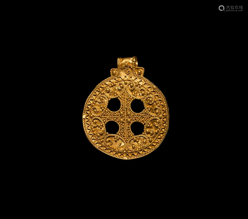 Viking Gold Filigree Pendant with Cross and Scrolls