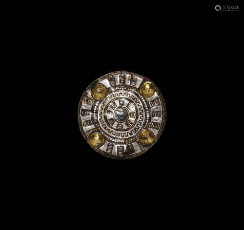 Large Frankish Silver Brooch with Gilt Bosses