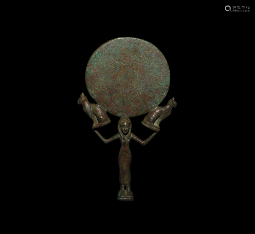 Egyptian Bronze Figural Mirror with Seated Cats