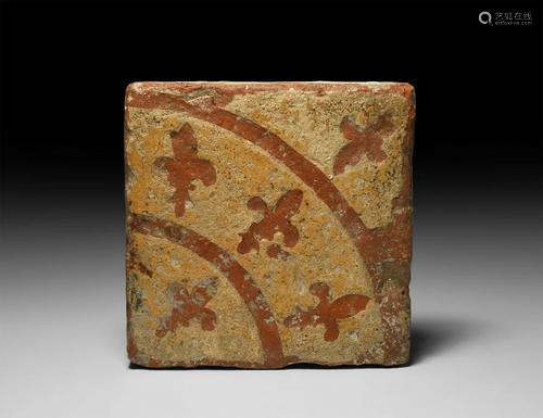 Medieval French Heraldic Tile with Radiating Fleurs