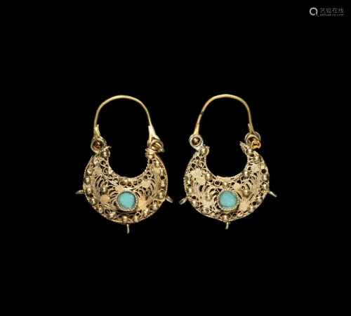 Islamic Gold Earring Pair with Turquoise