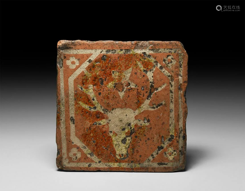 Medieval French Heraldic Tile with Stag's Head