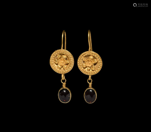 Greek Gold Filigree Earrings with Garnet Drops