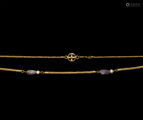 Roman Gold Necklace with Pearls and Amethyst