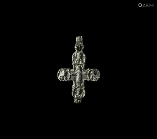 Byzantine Silver Reliquary Cross Pendant with Saints