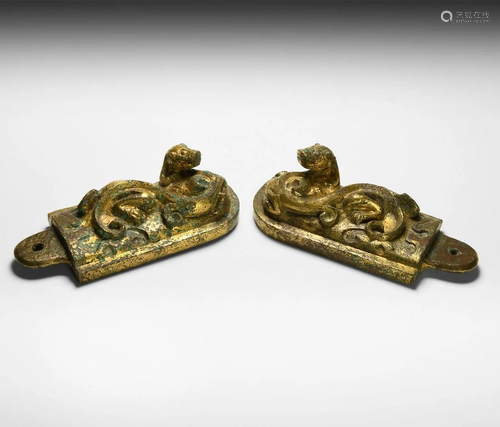 Chinese Ordos Gilt Dragon Fitting Pair