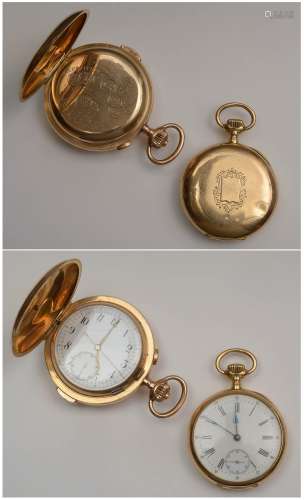 Deux montres gousset: Une montre chronographe à sonnerie en or jaune14 carats et une montre Oméga en or jaune 18 carats. La deuxième est en état de fonctionnement. Dim.: 5.2x5.2cm et 4.2x4.2cm. Poids total:+/-198gr.