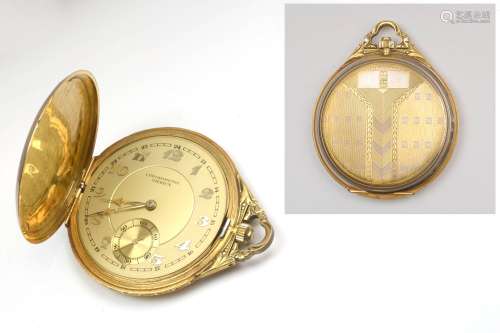 Montre gousset chronomètre de marque Diericx en or jaune 18 carats au décor géométrique ciselé. En état de fonctionnement. Dim.: 5.2 x 4.8 cm. Poids total: 59gr.