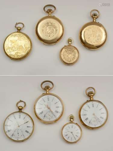 Lot de 4 montres gousset en or jaune 18 carats. Diam.: de +/-3.2cm à 4.5cm. Poids total: 251 gr.