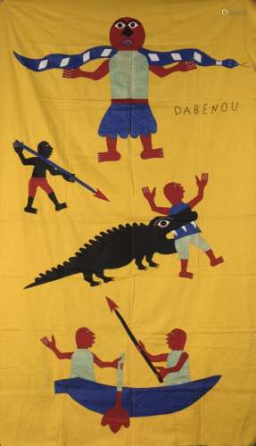 Drapeau Asafo dit Fante, GhanaL. 100 cm l. 176 cmSur fond jaune ce drapeau présente 5 personnages, plusieurs scènes sont représentées: un homme tout en haut secouant une écharpe rayée bleue et blanche, vêtu d'un pagne et d'un tee shirt. En dessous duquel un petit homme armé d'une lance pointée vers un crocodile qui semble avaler un autre de ses semblables. Et tout en bas du drapeau figurent deux hommes sur une pirogue, l'un portant sa lance vers l'animal l'autre tenant une pagaie. Bel exemplaire, travail de découpage et collage des échantillons de tissus colorés. L'inscription Dabenou y figure.