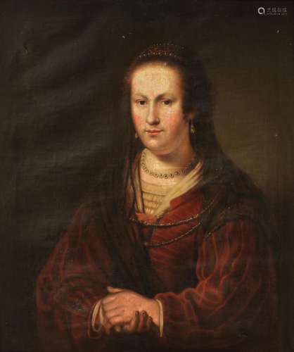 No visible signature, the portrait of a noble lady with a pearl necklace, 17th/18thC, oil on canvas, 69 x 81 cm